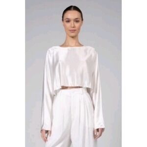 NONchalant Label Blouse Size X-Small Ivory Satin Emilia Crop Long Sleeve